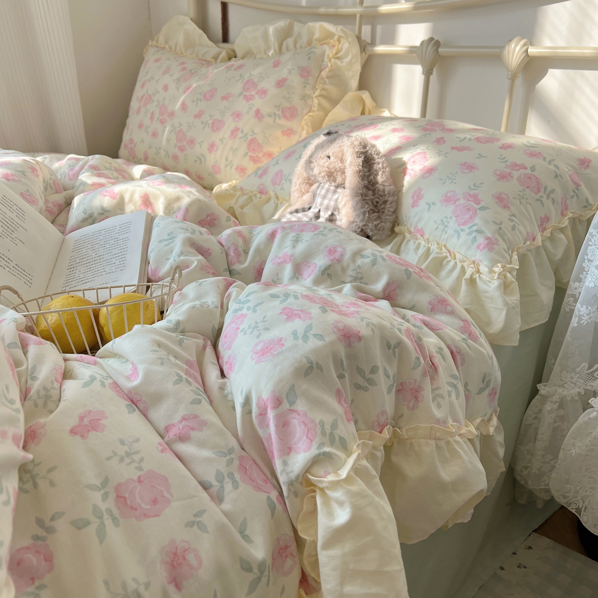 91家纺网 家纺一手货源 找家纺 桃喜 2026新款韩式全棉纯棉花边款四件套 会员-3 早春花园（花边款）