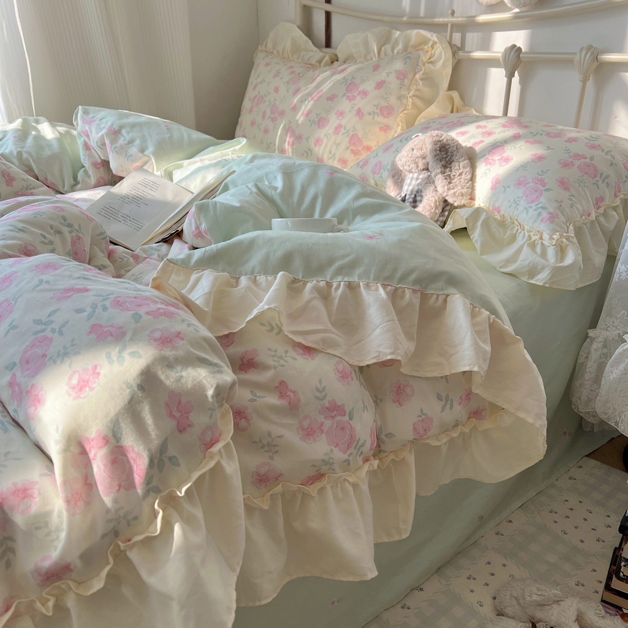 91家纺网 家纺一手货源 找家纺 桃喜 2026新款韩式全棉纯棉花边款四件套 会员-3 早春花园（花边款）