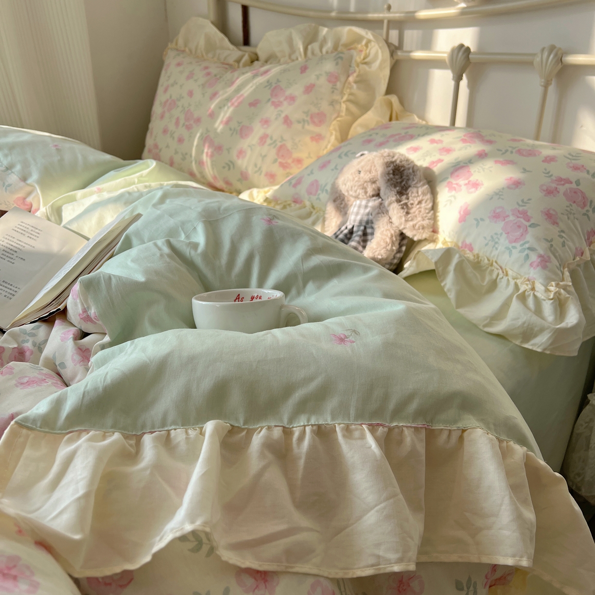 91家纺网 家纺一手货源 找家纺 桃喜 2026新款韩式全棉纯棉花边款四件套 会员-3 早春花园（花边款）