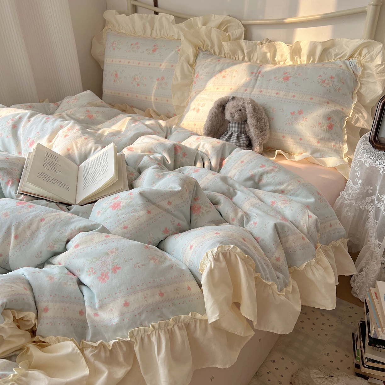 91家纺网 家纺一手货源 找家纺 桃喜 2026新款韩式全棉纯棉花边款四件套 会员-3 馥郁蓝（花边款）