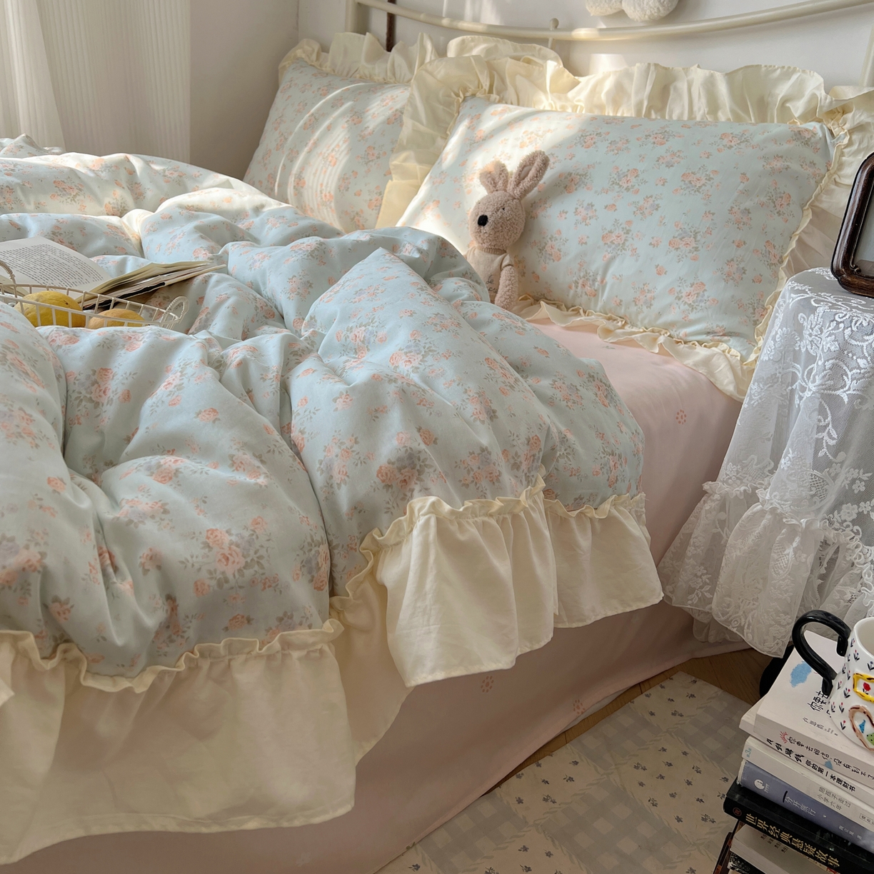 91家纺网 家纺一手货源 找家纺 桃喜 2026新款韩式全棉纯棉花边款四件套 会员-3 山茶（花边款）