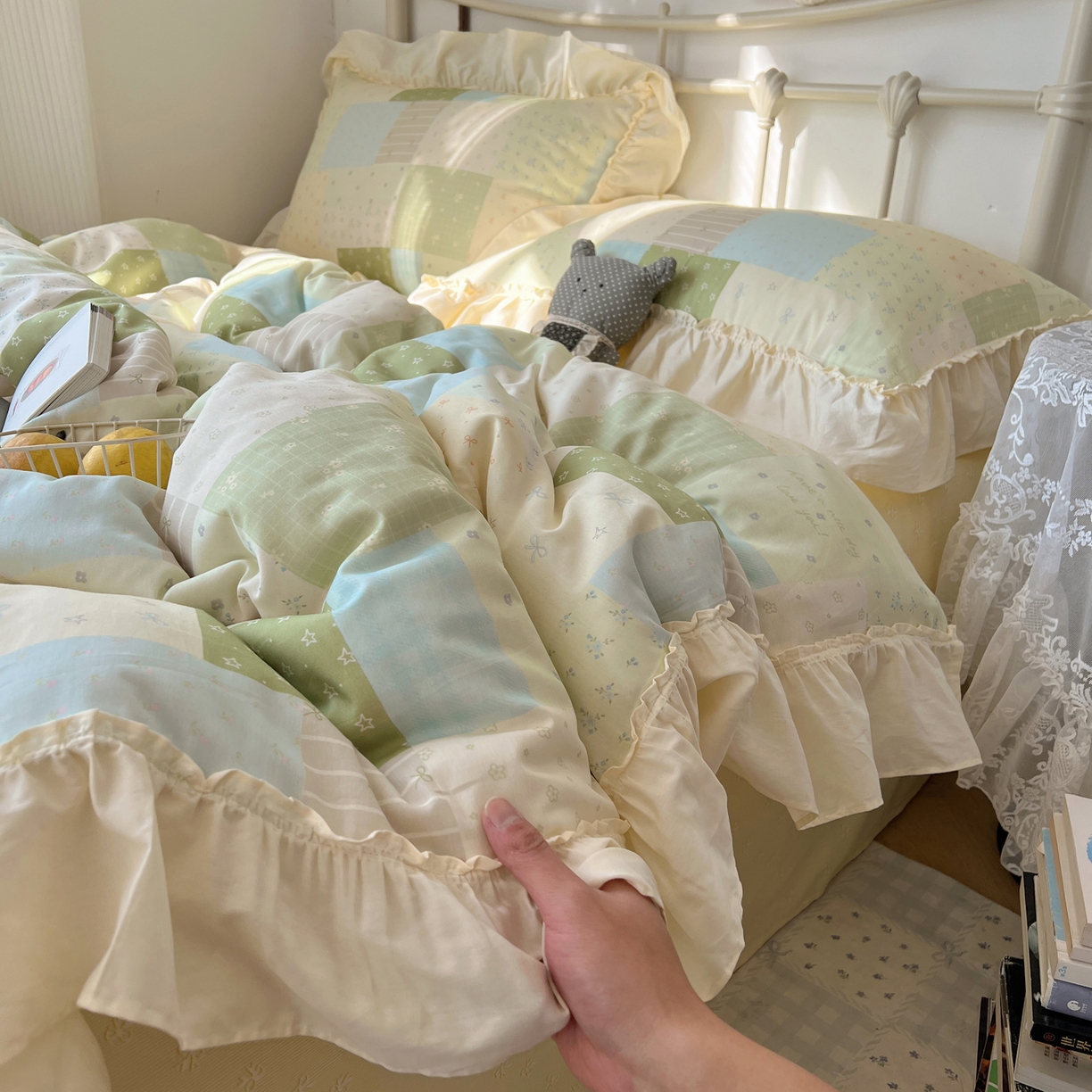 91家纺网 家纺一手货源 找家纺 桃喜 2026新款韩式全棉纯棉花边款四件套 会员-3 绿格拼布碎花（花边款）