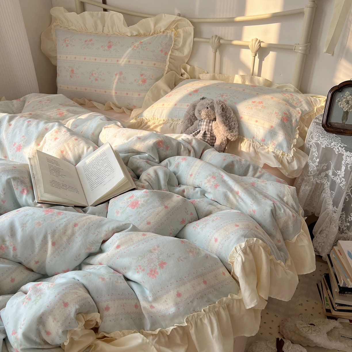 91家纺网 家纺一手货源 找家纺 桃喜 2026新款韩式全棉纯棉花边款四件套 会员-3 馥郁蓝（花边款）