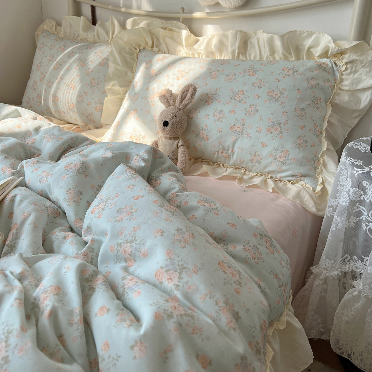 91家纺网 家纺一手货源 找家纺 桃喜 2026新款韩式全棉纯棉花边款四件套 会员-3 山茶（花边款）