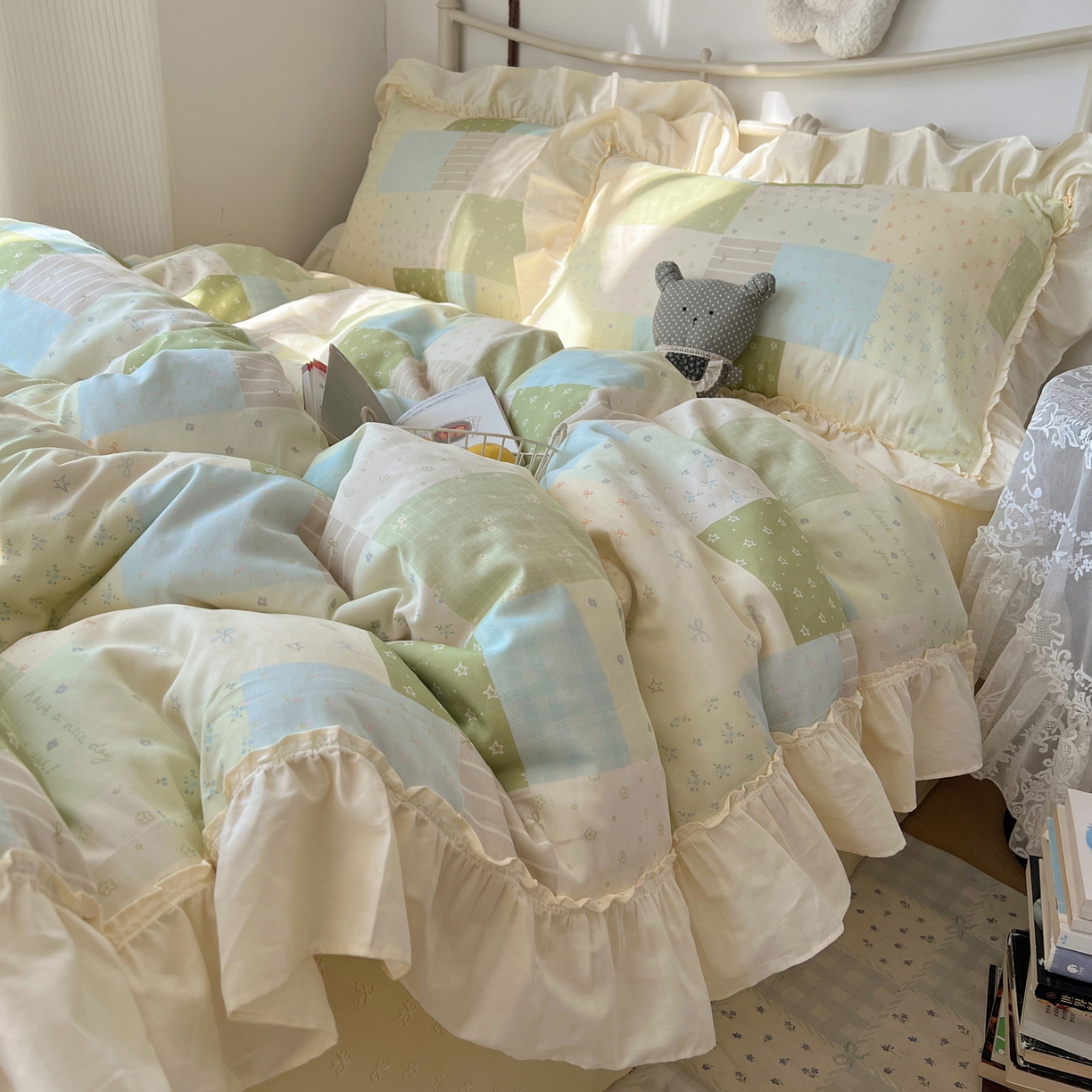 91家纺网 家纺一手货源 找家纺 桃喜 2026新款韩式全棉纯棉花边款四件套 会员-3 绿格拼布碎花（花边款）