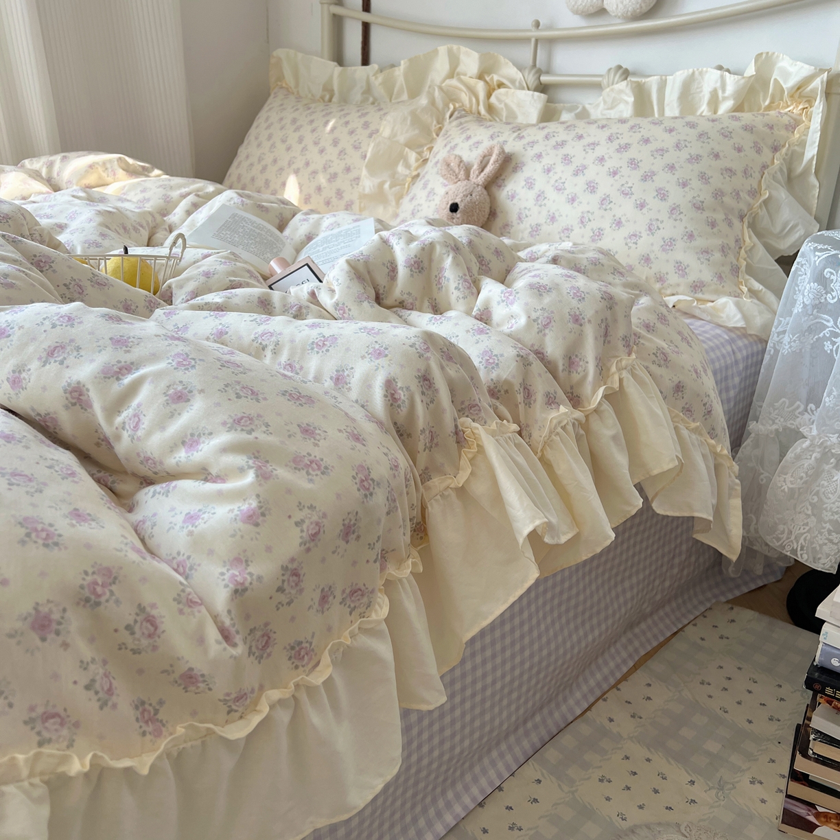 91家纺网 家纺一手货源 找家纺 桃喜 2026新款韩式全棉纯棉花边款四件套 会员-3 香芋紫格碎花（花边款）