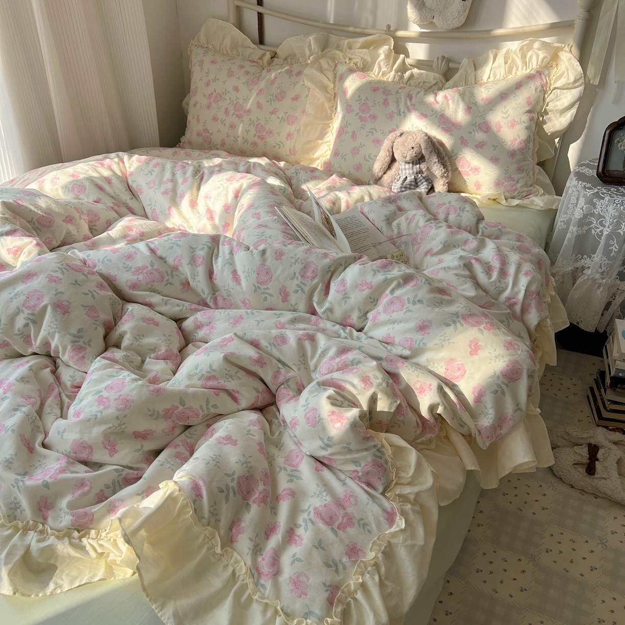 91家纺网 家纺一手货源 找家纺 桃喜 2026新款韩式全棉纯棉花边款四件套 会员-3 早春花园（花边款）