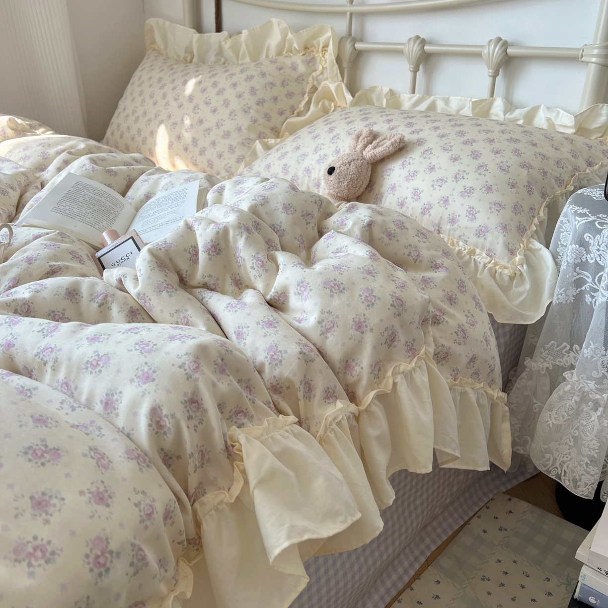 91家纺网 家纺一手货源 找家纺 桃喜 2026新款韩式全棉纯棉花边款四件套 会员-3 香芋紫格碎花（花边款）