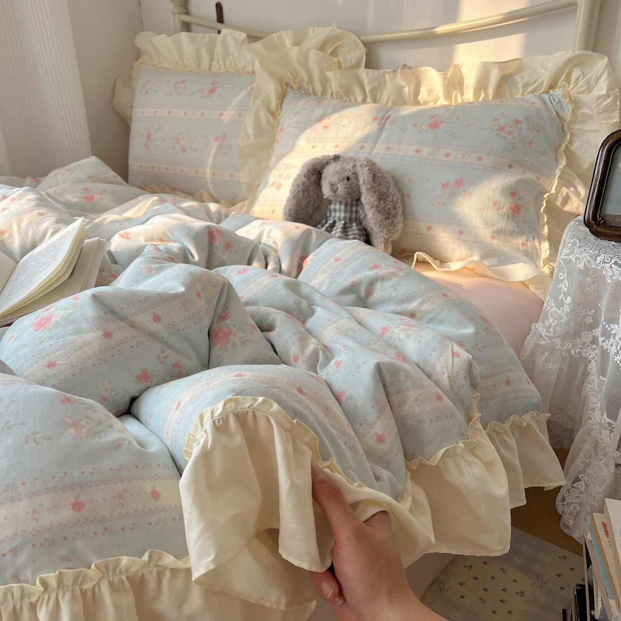 91家纺网 家纺一手货源 找家纺 桃喜 2026新款韩式全棉纯棉花边款四件套 会员-3 馥郁蓝（花边款）