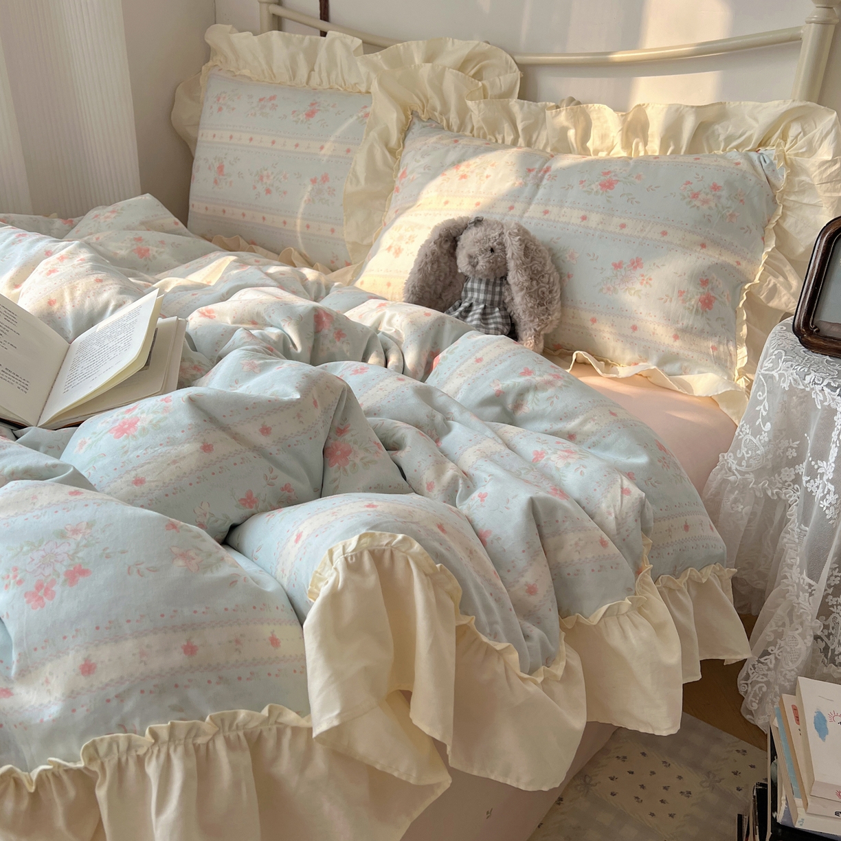 91家纺网 家纺一手货源 找家纺 桃喜 2026新款韩式全棉纯棉花边款四件套 会员-3 馥郁蓝（花边款）