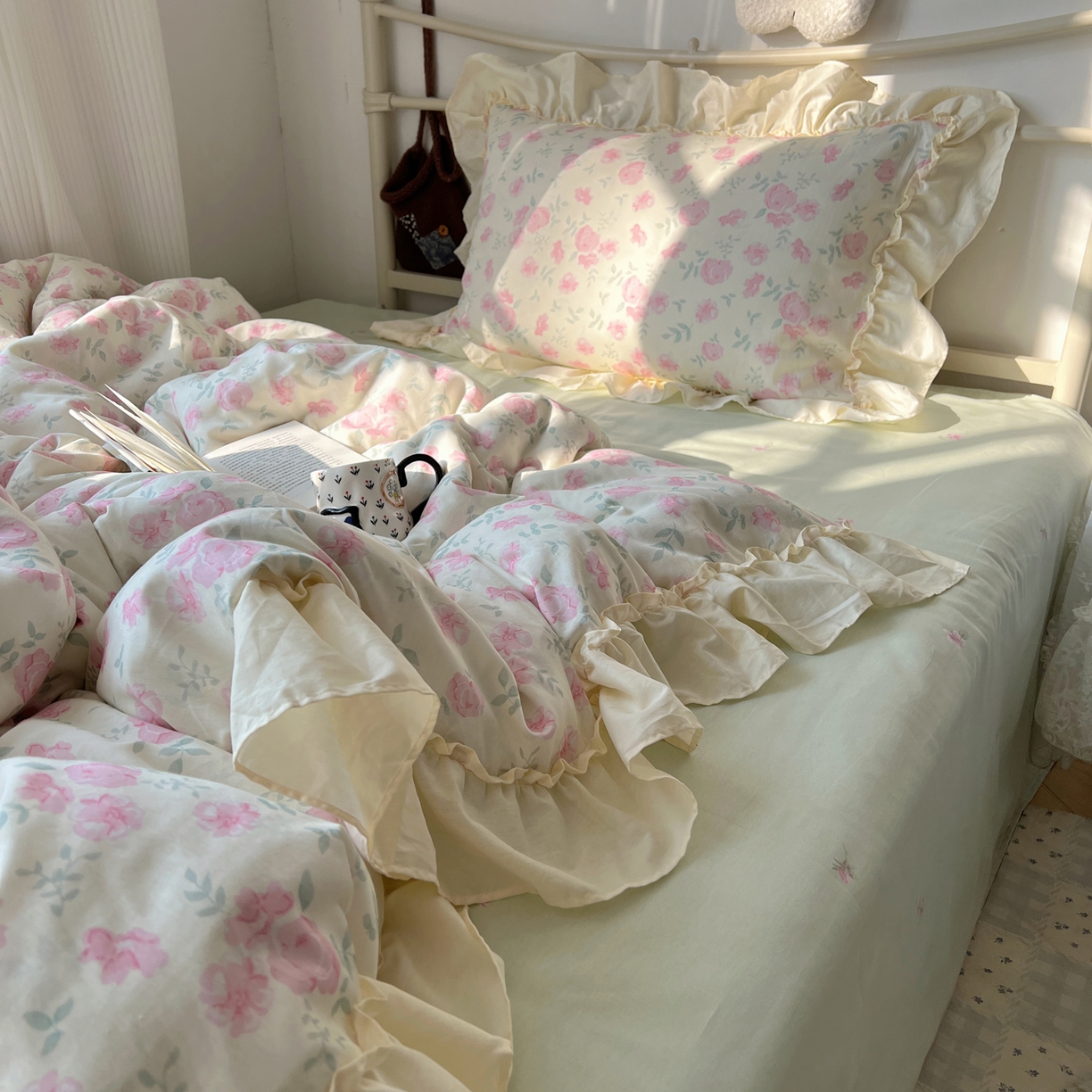 91家纺网 家纺一手货源 找家纺 桃喜 2026新款韩式全棉纯棉花边款四件套 会员-3 早春花园（花边款）