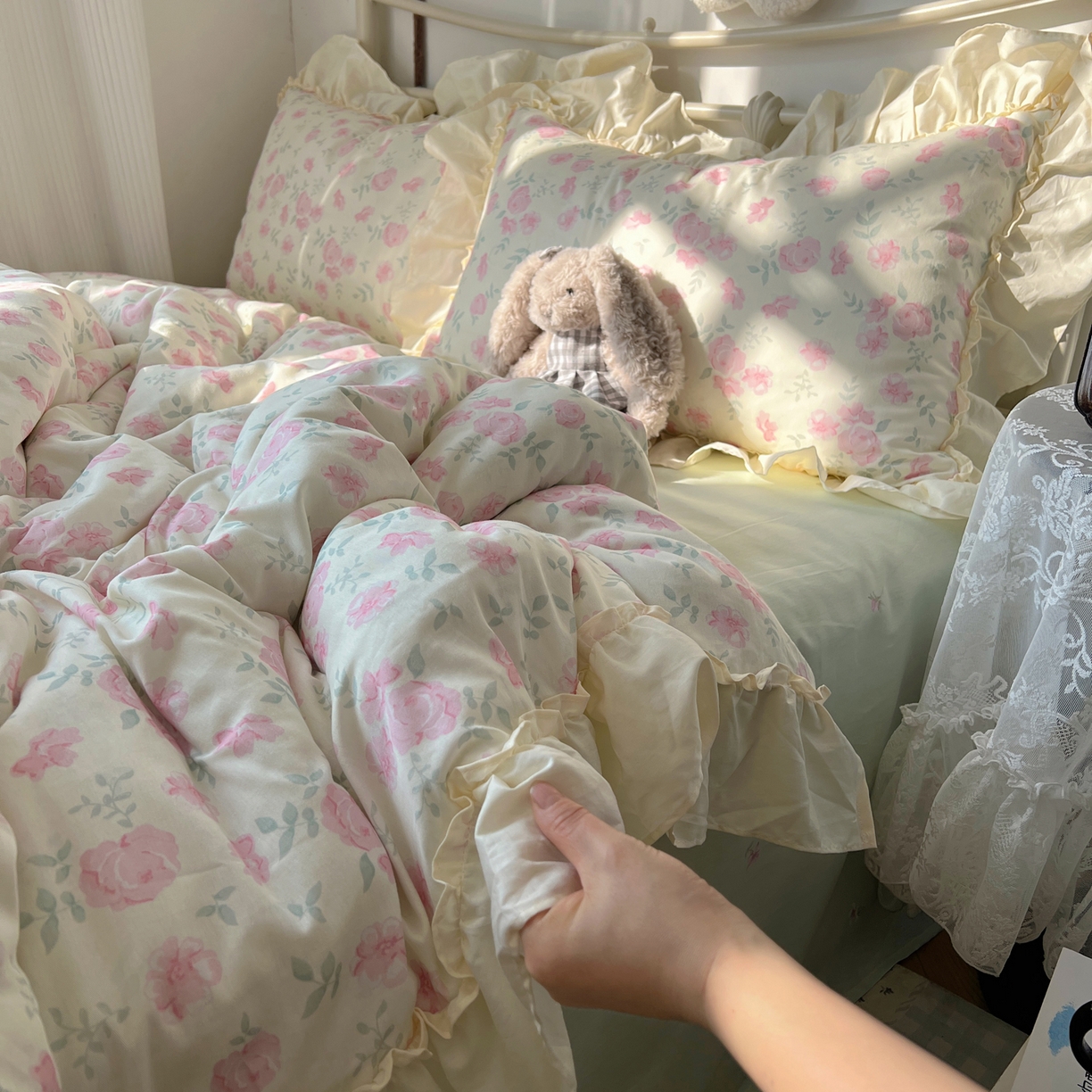 91家纺网 家纺一手货源 找家纺 桃喜 2026新款韩式全棉纯棉花边款四件套 会员-3 早春花园（花边款）