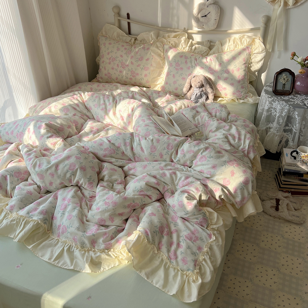 91家纺网 家纺一手货源 找家纺 桃喜 2026新款韩式全棉纯棉花边款四件套 会员-3 早春花园（花边款）