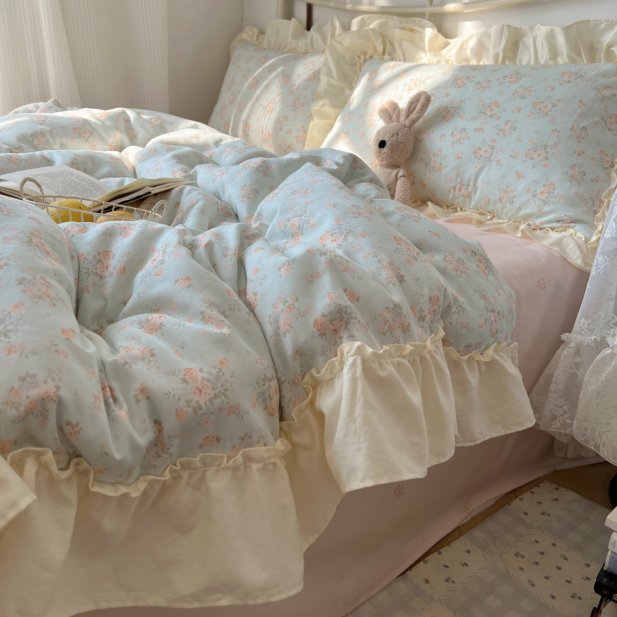 91家纺网 家纺一手货源 找家纺 桃喜 2026新款韩式全棉纯棉花边款四件套 会员-3 山茶（花边款）