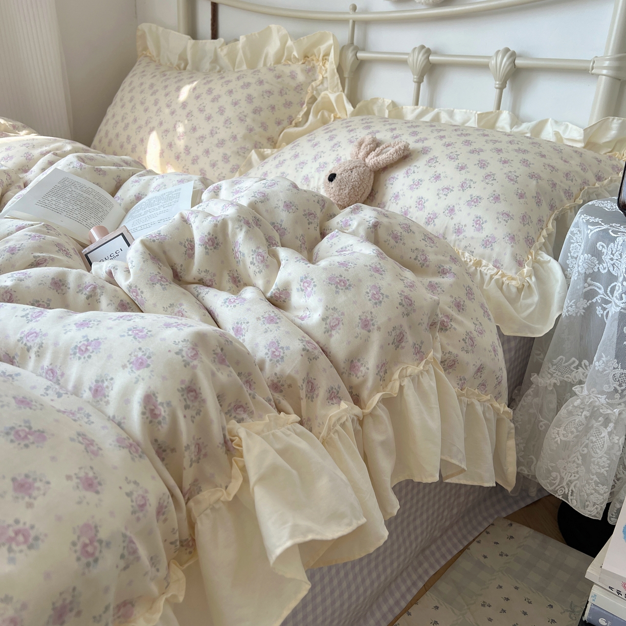 91家纺网 家纺一手货源 找家纺 桃喜 2026新款韩式全棉纯棉花边款四件套 会员-3 香芋紫格碎花（花边款）