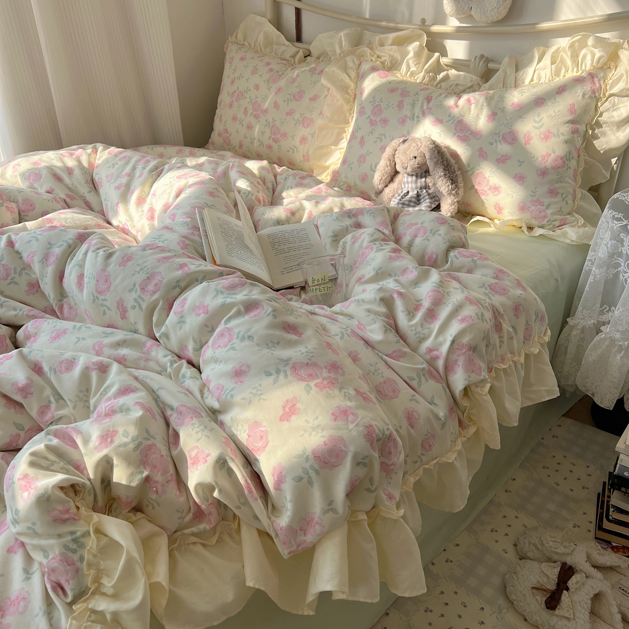 91家纺网 家纺一手货源 找家纺 桃喜 2026新款韩式全棉纯棉花边款四件套 会员-3 早春花园（花边款）