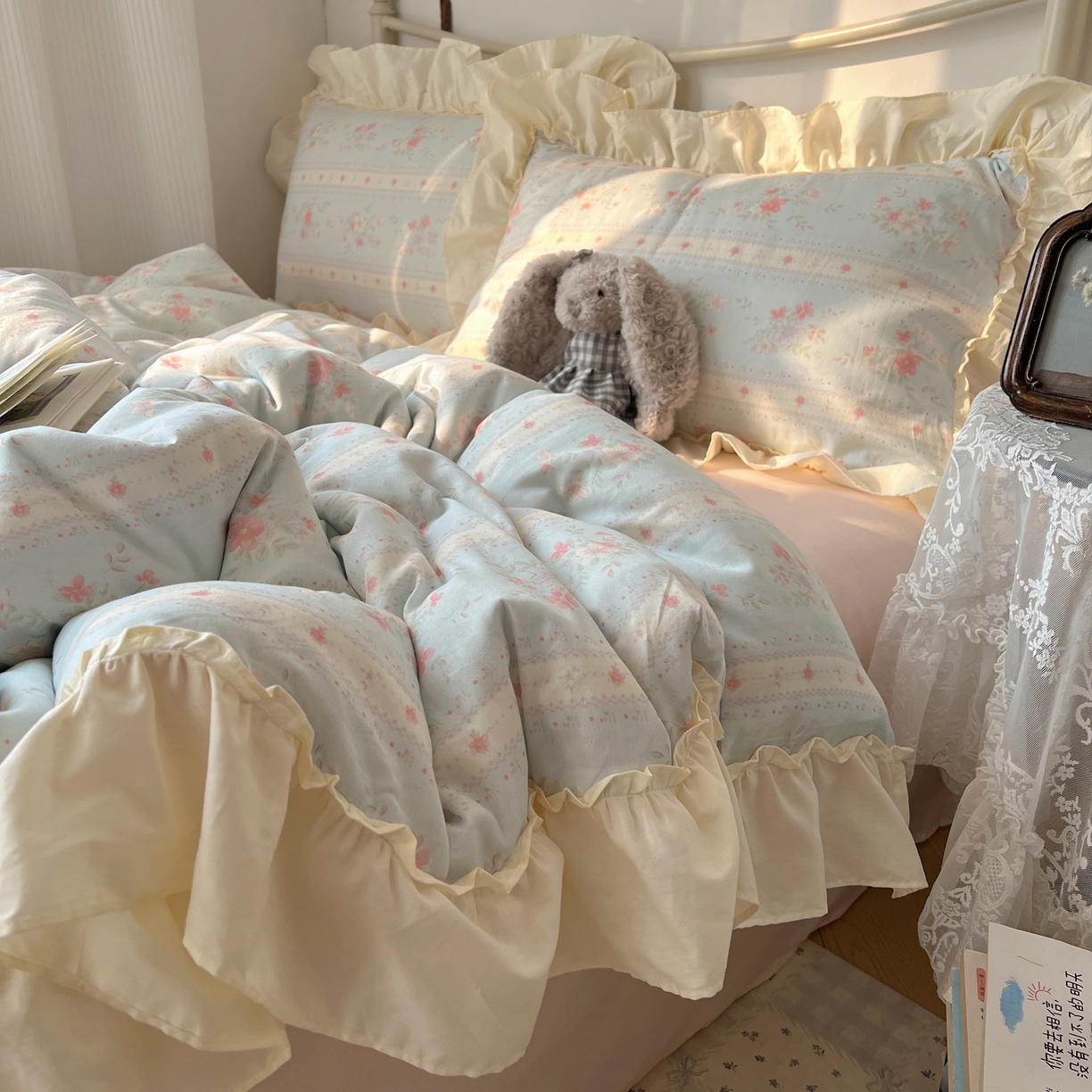 91家纺网 家纺一手货源 找家纺 桃喜 2026新款韩式全棉纯棉花边款四件套 会员-3 馥郁蓝（花边款）