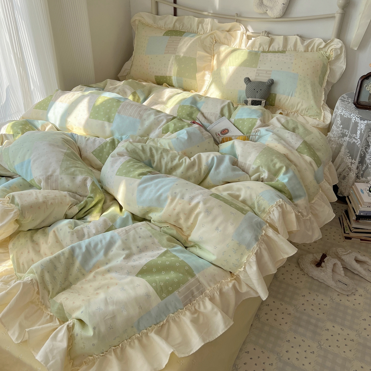 91家纺网 家纺一手货源 找家纺 桃喜 2026新款韩式全棉纯棉花边款四件套 会员-3 绿格拼布碎花（花边款）