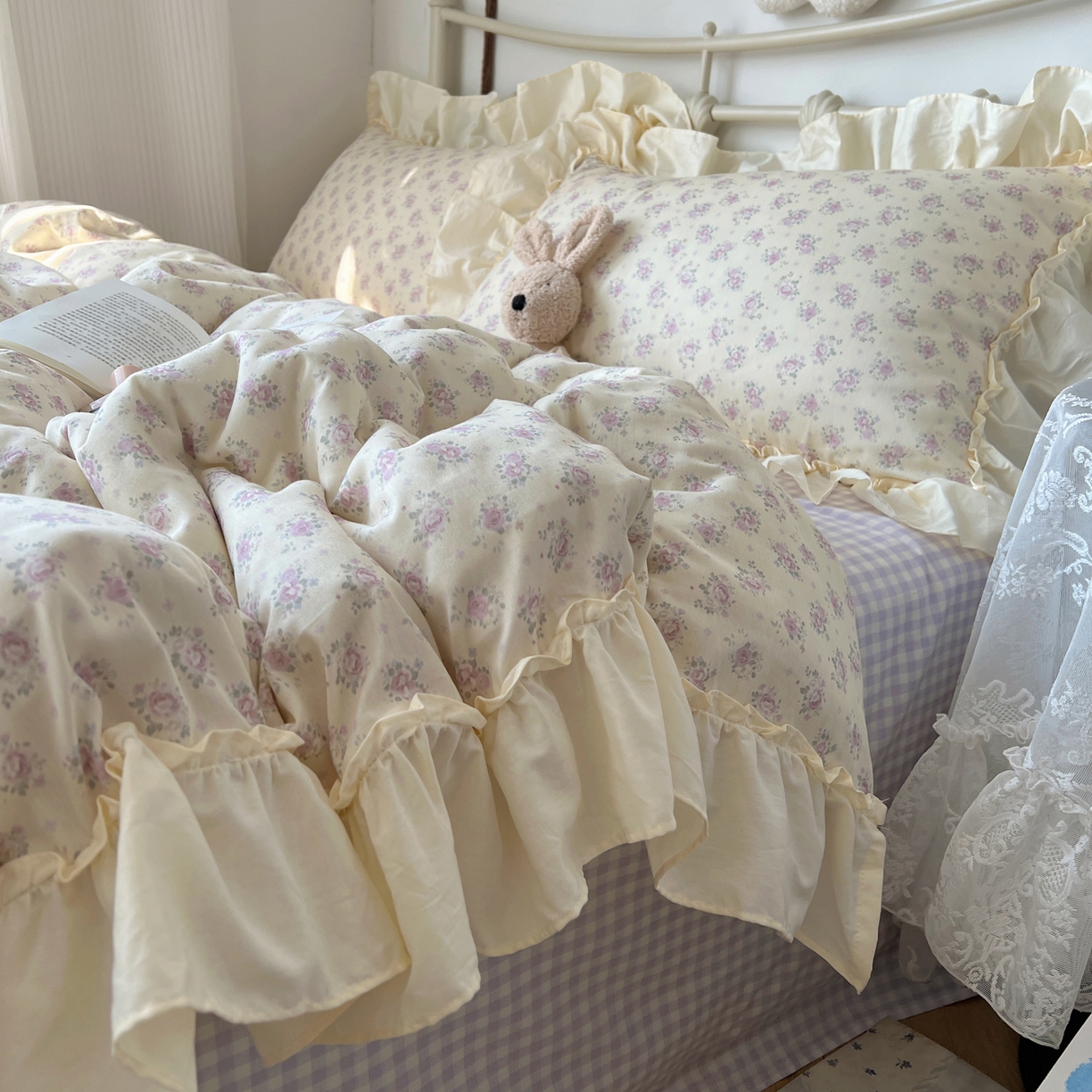 91家纺网 家纺一手货源 找家纺 桃喜 2026新款韩式全棉纯棉花边款四件套 会员-3 香芋紫格碎花（花边款）