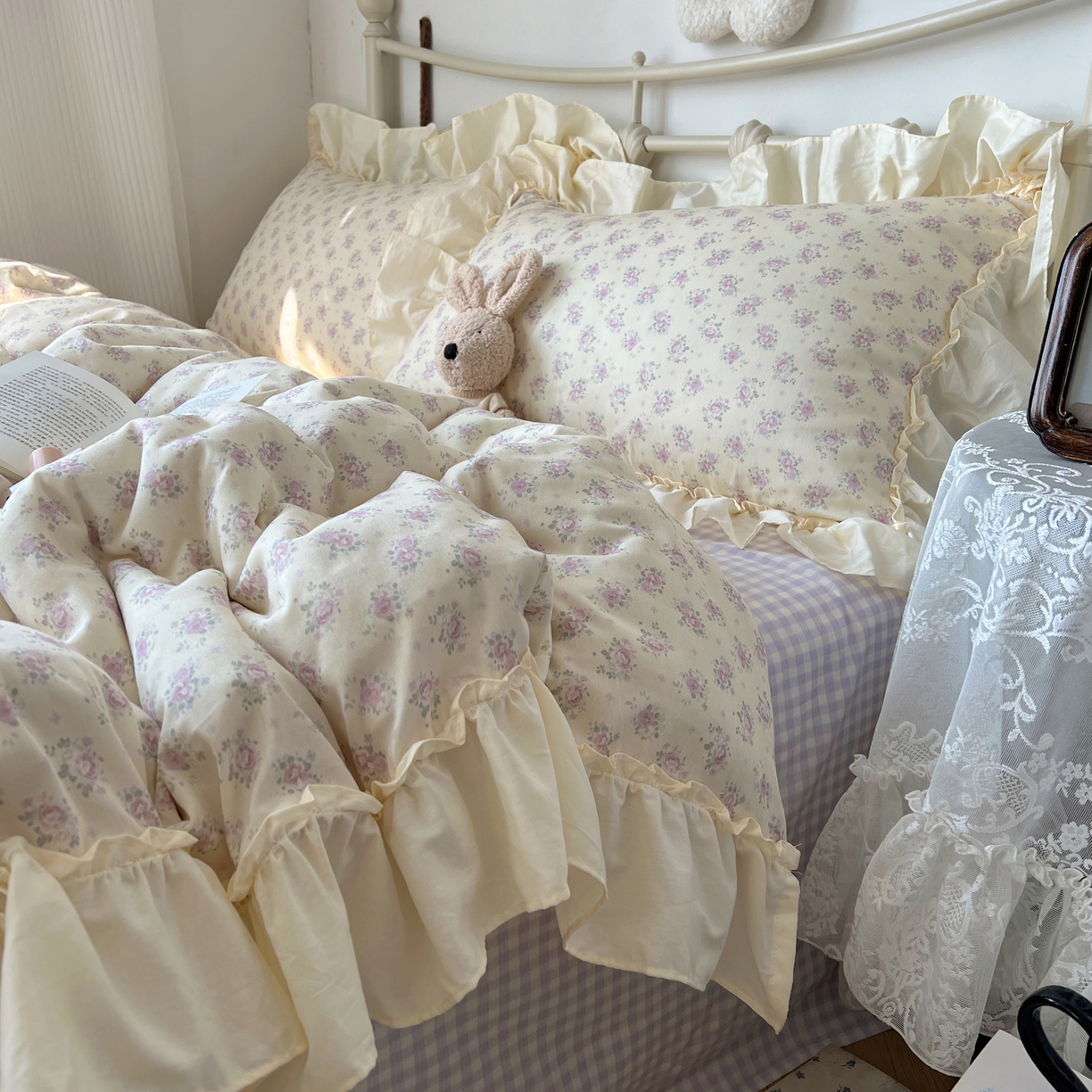 91家纺网 家纺一手货源 找家纺 桃喜 2026新款韩式全棉纯棉花边款四件套 会员-3 香芋紫格碎花（花边款）