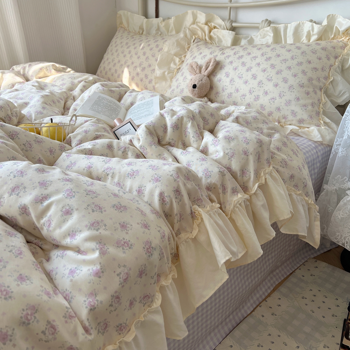 91家纺网 家纺一手货源 找家纺 桃喜 2026新款韩式全棉纯棉花边款四件套 会员-3 香芋紫格碎花（花边款）