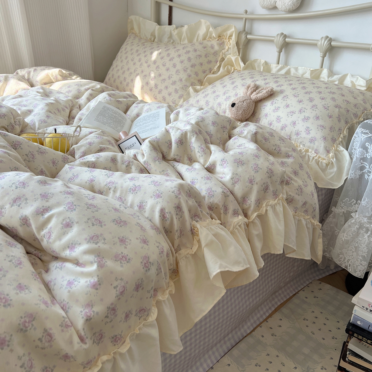 91家纺网 家纺一手货源 找家纺 桃喜 2026新款韩式全棉纯棉花边款四件套 会员-3 香芋紫格碎花（花边款）