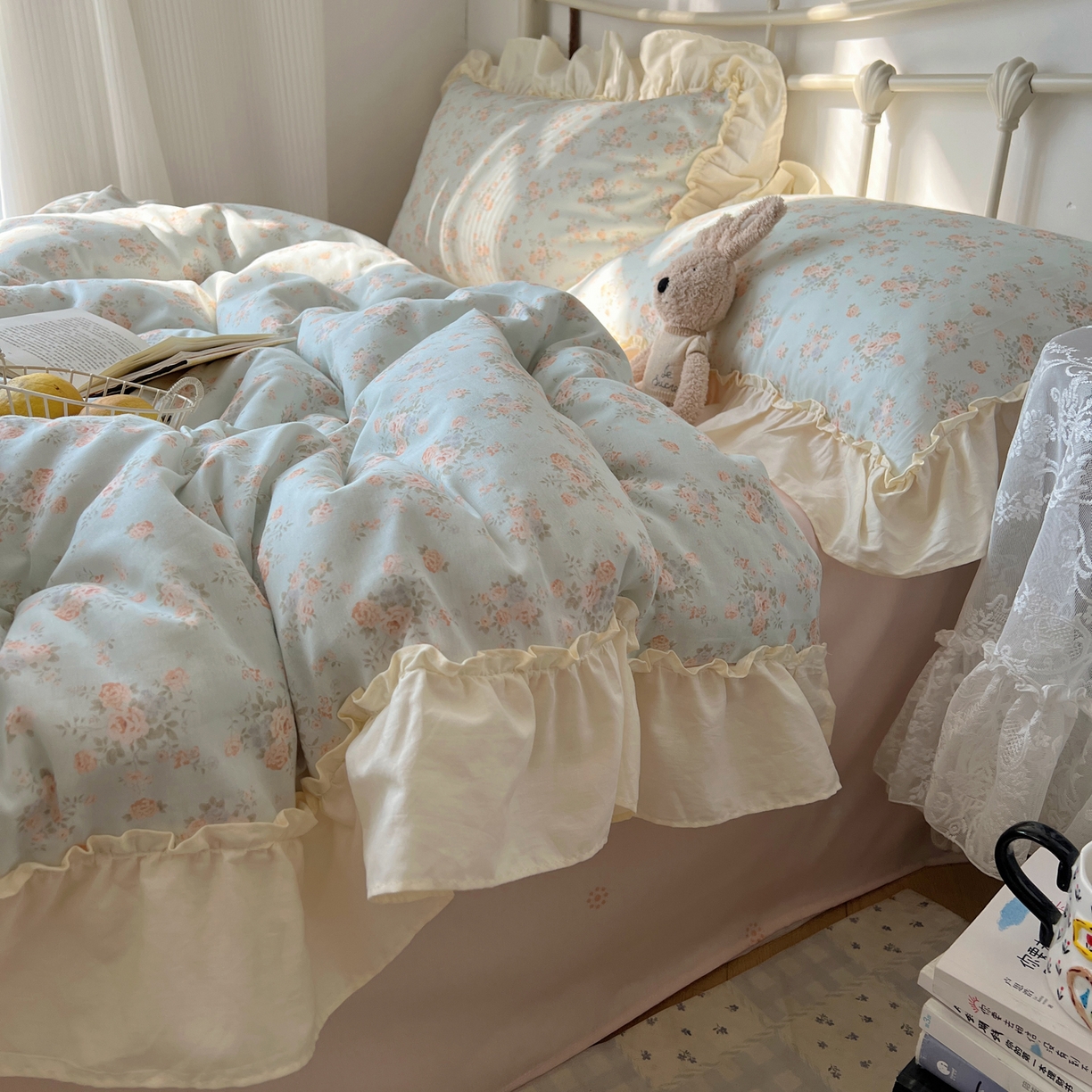 91家纺网 家纺一手货源 找家纺 桃喜 2026新款韩式全棉纯棉花边款四件套 会员-3 山茶（花边款）