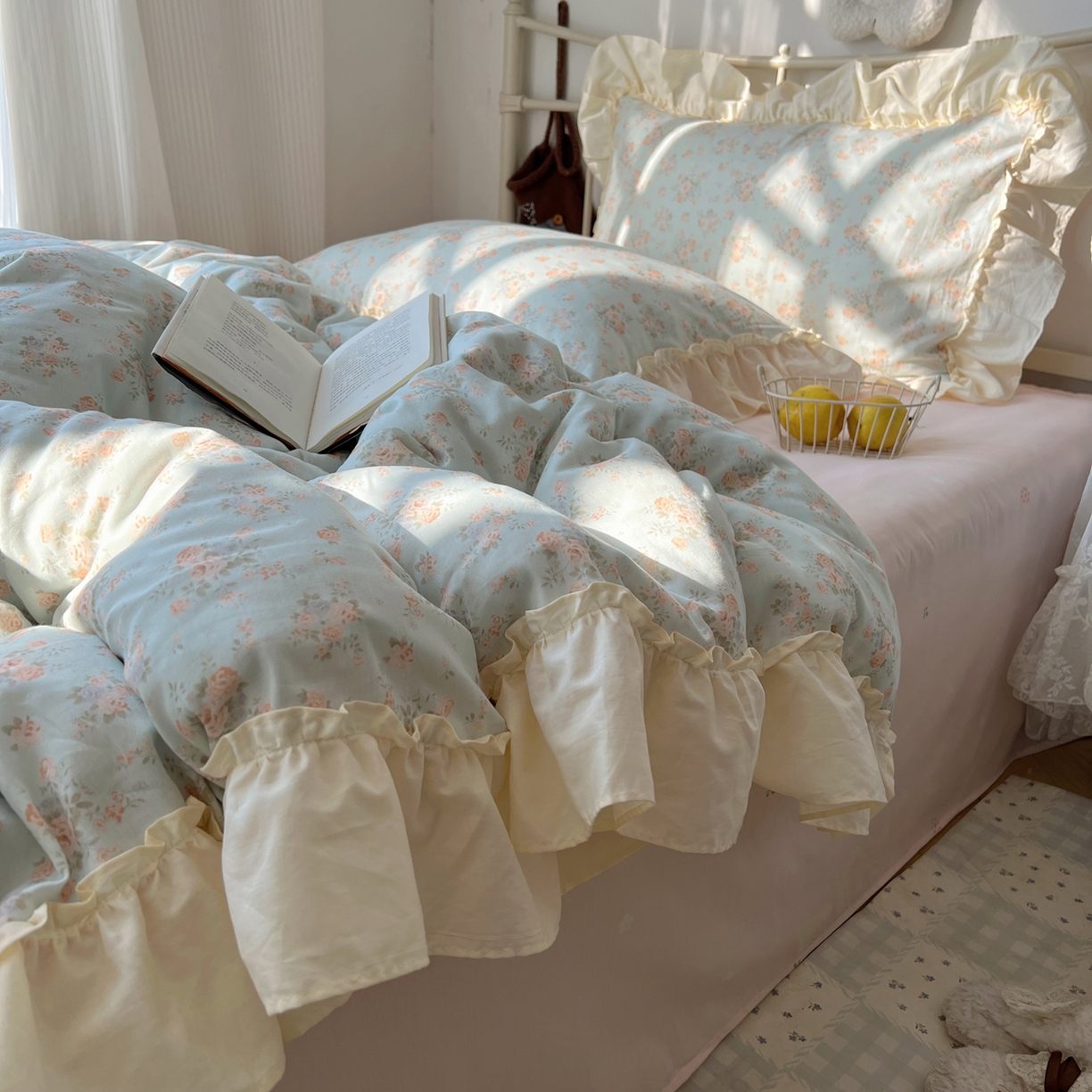 91家纺网 家纺一手货源 找家纺 桃喜 2026新款韩式全棉纯棉花边款四件套 会员-3 山茶（花边款）