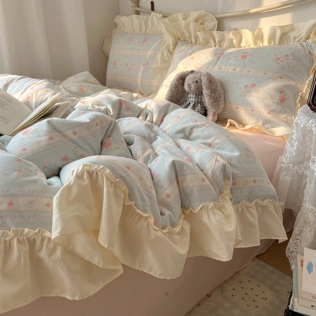 91家纺网 家纺一手货源 找家纺 桃喜 2026新款韩式全棉纯棉花边款四件套 会员-3 馥郁蓝（花边款）