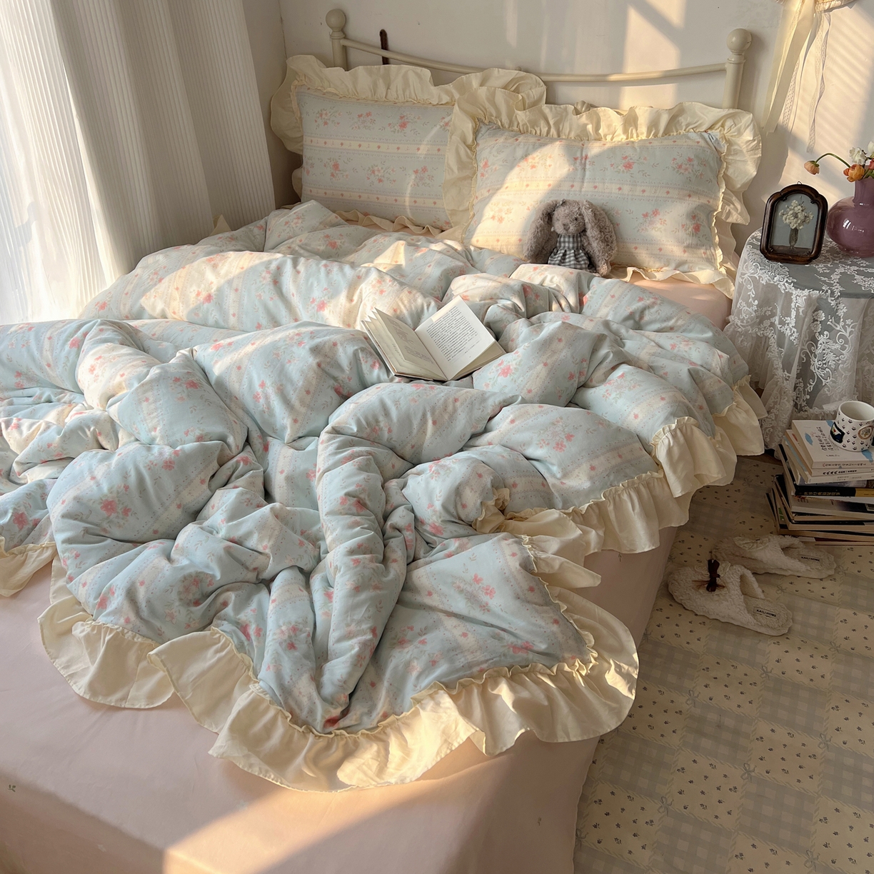 91家纺网 家纺一手货源 找家纺 桃喜 2026新款韩式全棉纯棉花边款四件套 会员-3 馥郁蓝（花边款）