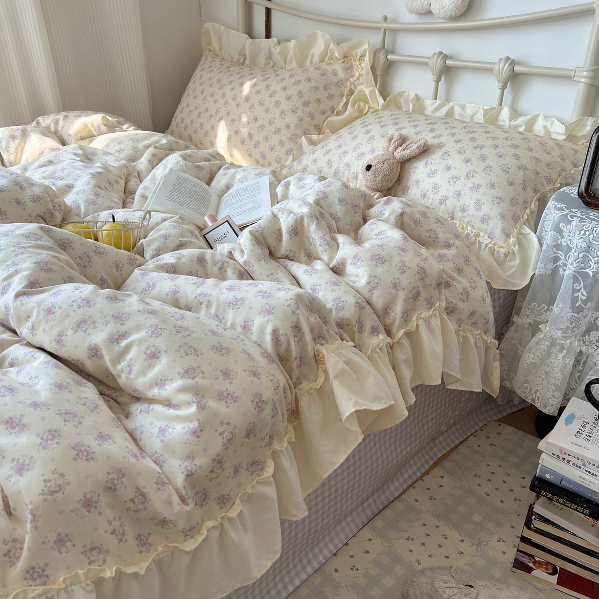 91家纺网 家纺一手货源 找家纺 桃喜 2026新款韩式全棉纯棉花边款四件套 会员-3 香芋紫格碎花（花边款）