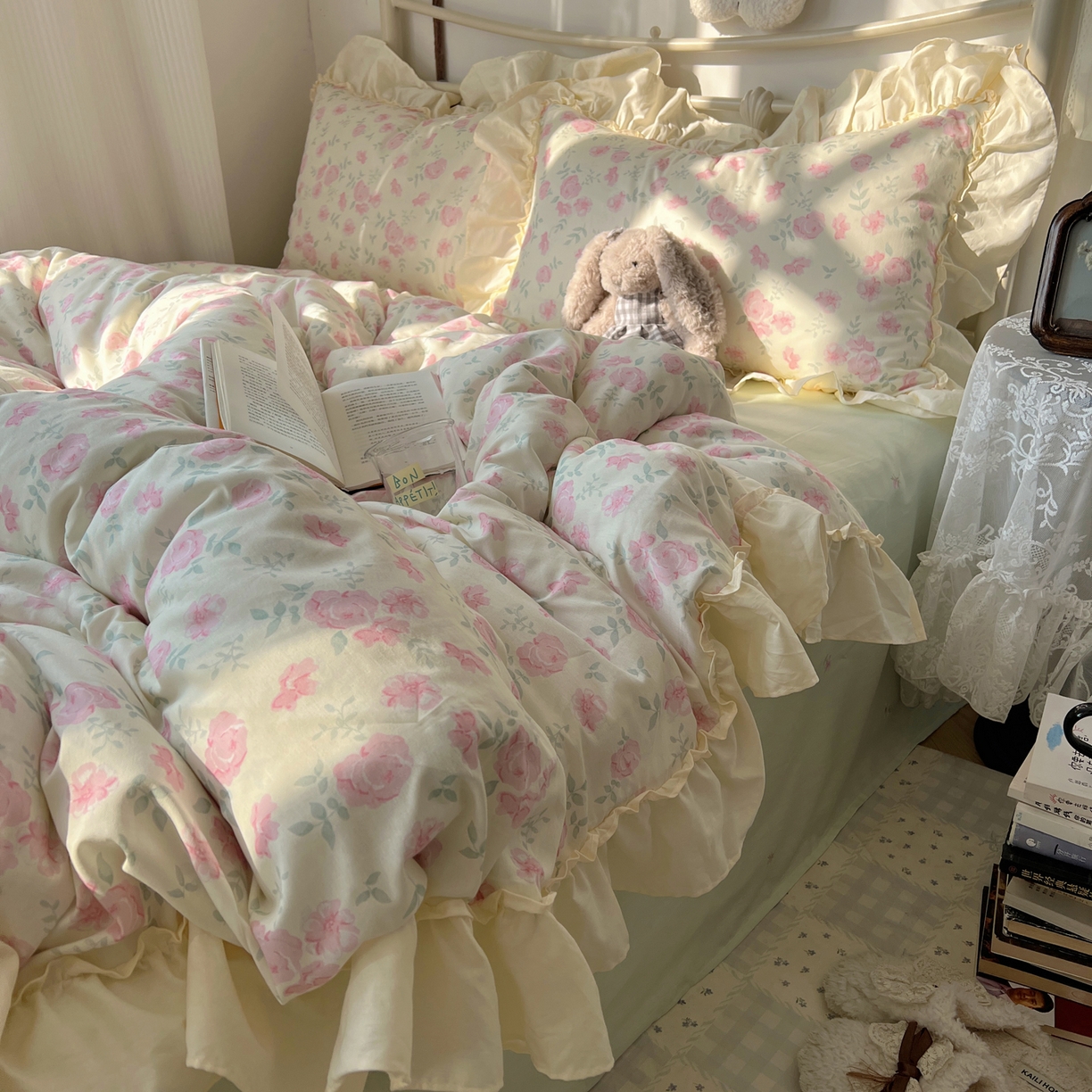 91家纺网 家纺一手货源 找家纺 桃喜 2026新款韩式全棉纯棉花边款四件套 会员-3 早春花园（花边款）