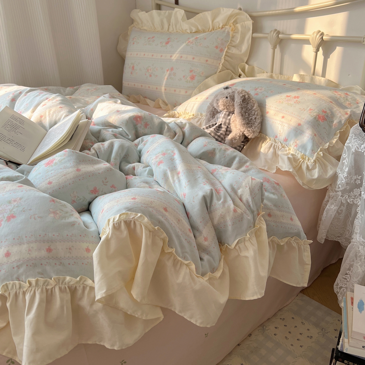 91家纺网 家纺一手货源 找家纺 桃喜 2026新款韩式全棉纯棉花边款四件套 会员-3 馥郁蓝（花边款）