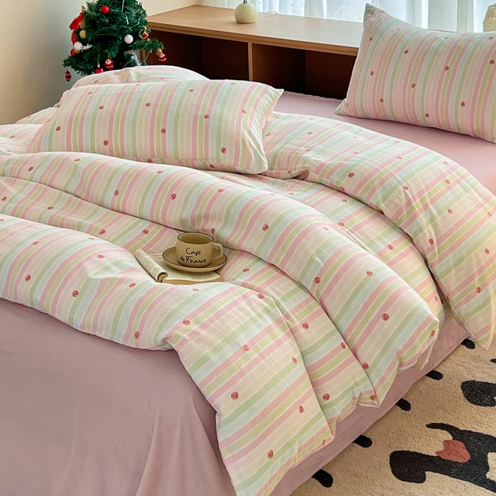 91家纺网 家纺一手货源 找家纺 仟网汇 2026新款有氧全棉双层纱四件套 草莓酱