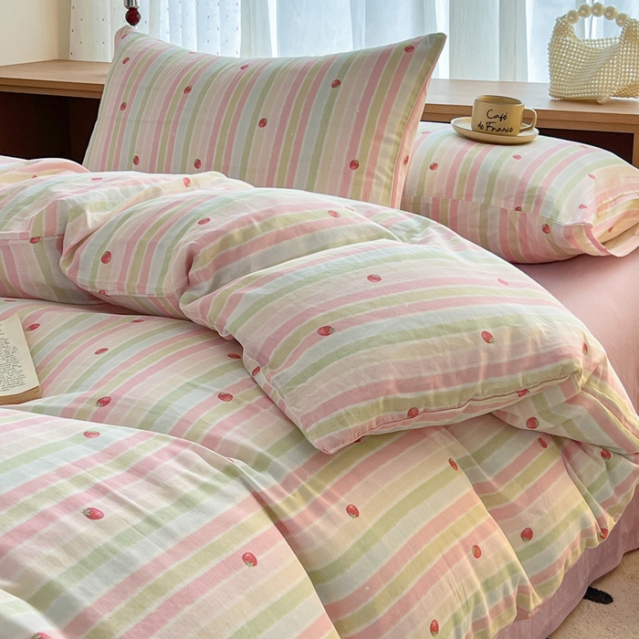 91家纺网 家纺一手货源 找家纺 仟网汇 2026新款有氧全棉双层纱四件套 草莓酱