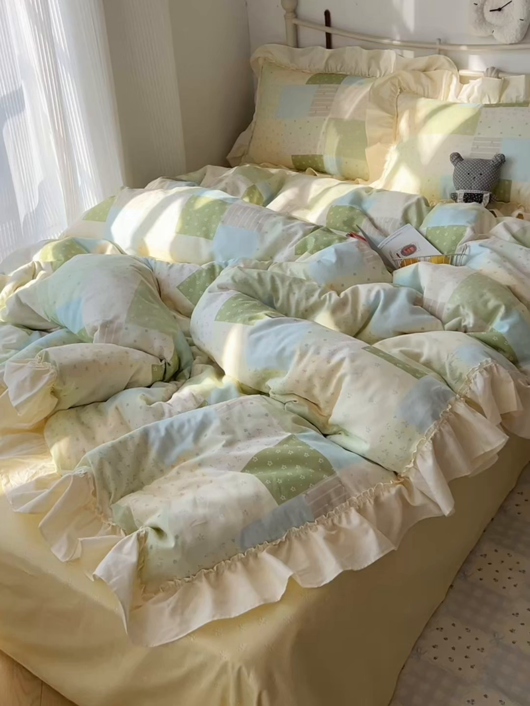 91家纺网 家纺一手货源 找家纺 桃喜 2026新款韩式全棉纯棉花边款四件套 会员-3 绿格拼布碎花（花边款）