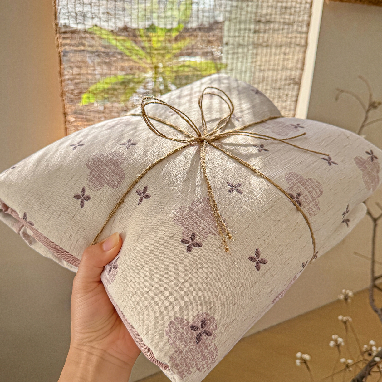 竹合家纺 2026春夏新品色织棉麻棉纱系列皱皱纱四件套 四叶花粉