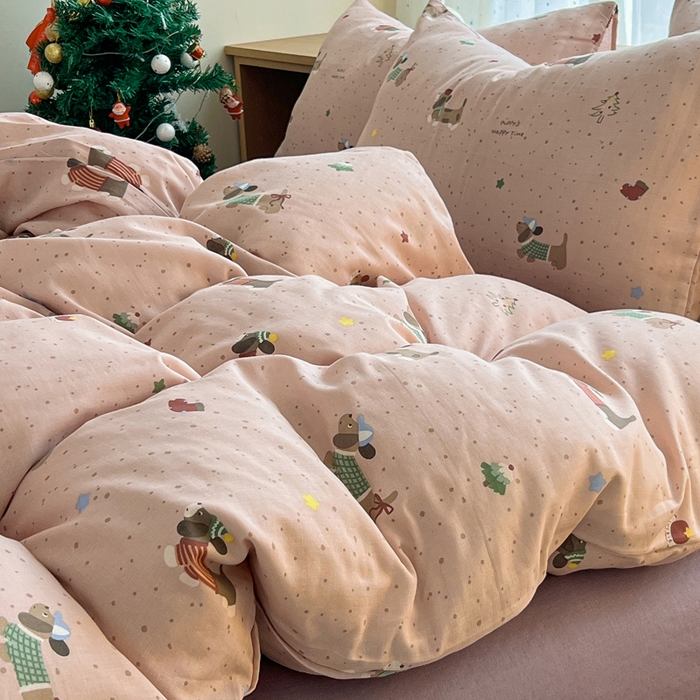 91家纺网 家纺一手货源 找家纺 仟网汇 2026新款有氧全棉双层纱四件套 狗狗派对