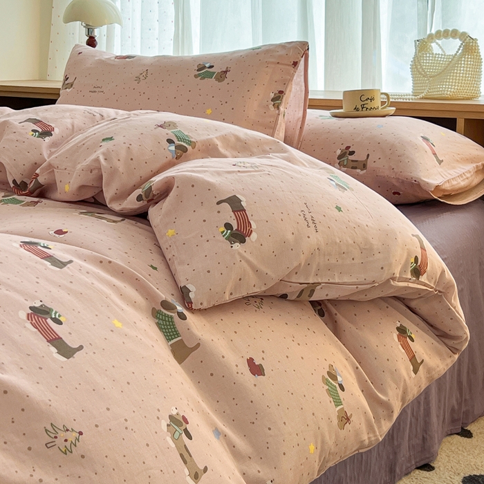 91家纺网 家纺一手货源 找家纺 仟网汇 2026新款有氧全棉双层纱四件套 狗狗派对