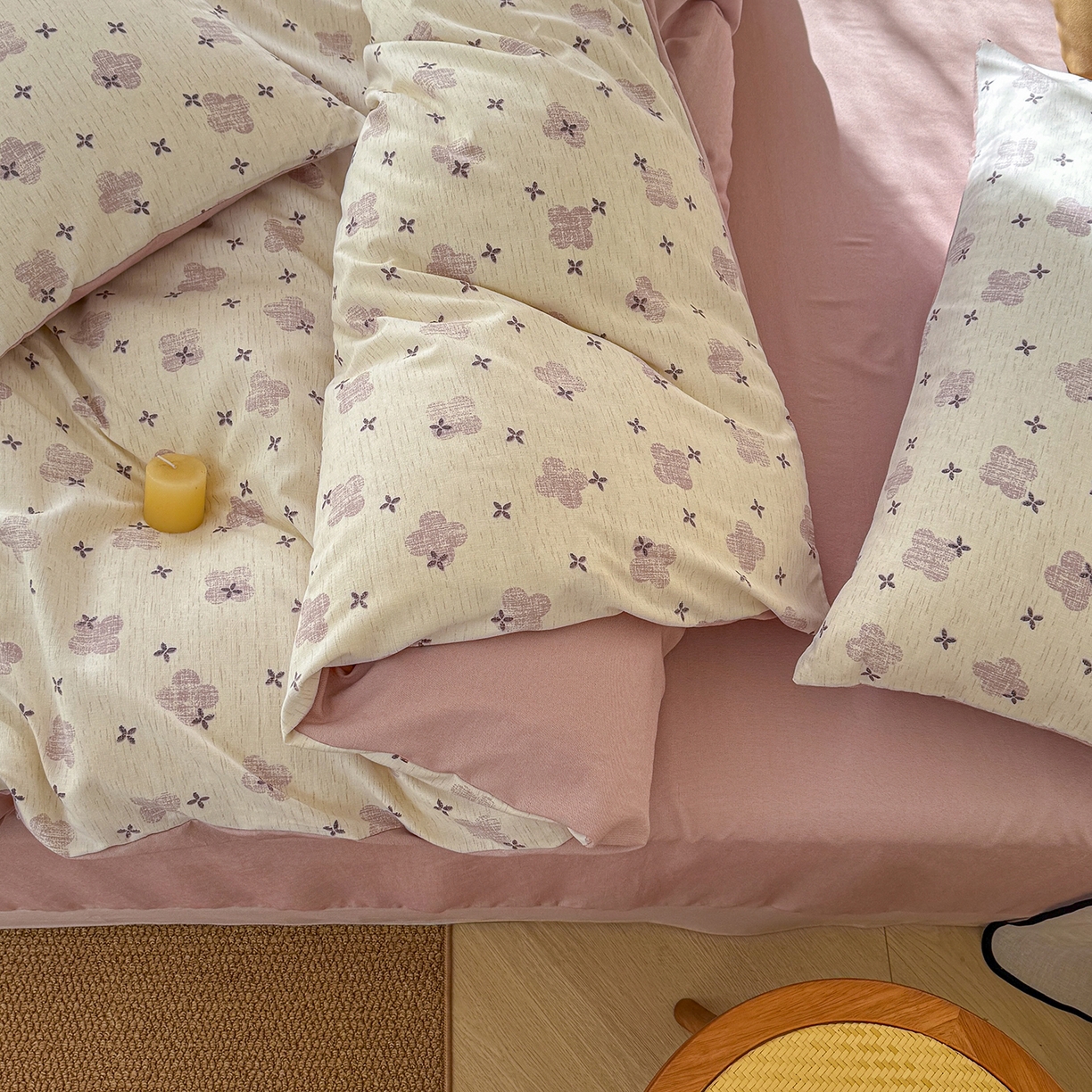 91家纺网 家纺一手货源 找家纺 竹合家纺 2026春夏新品色织棉麻棉纱系列皱皱纱四件套 四叶花粉