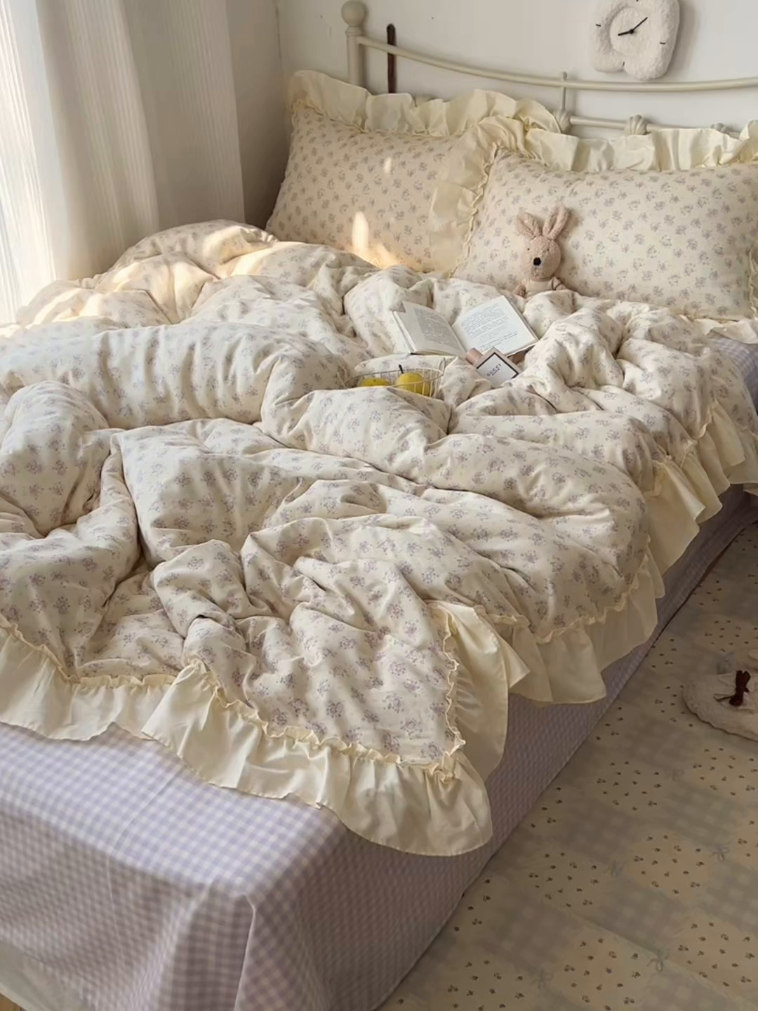 91家纺网 家纺一手货源 找家纺 桃喜 2026新款韩式全棉纯棉花边款四件套 会员-3 香芋紫格碎花（花边款）