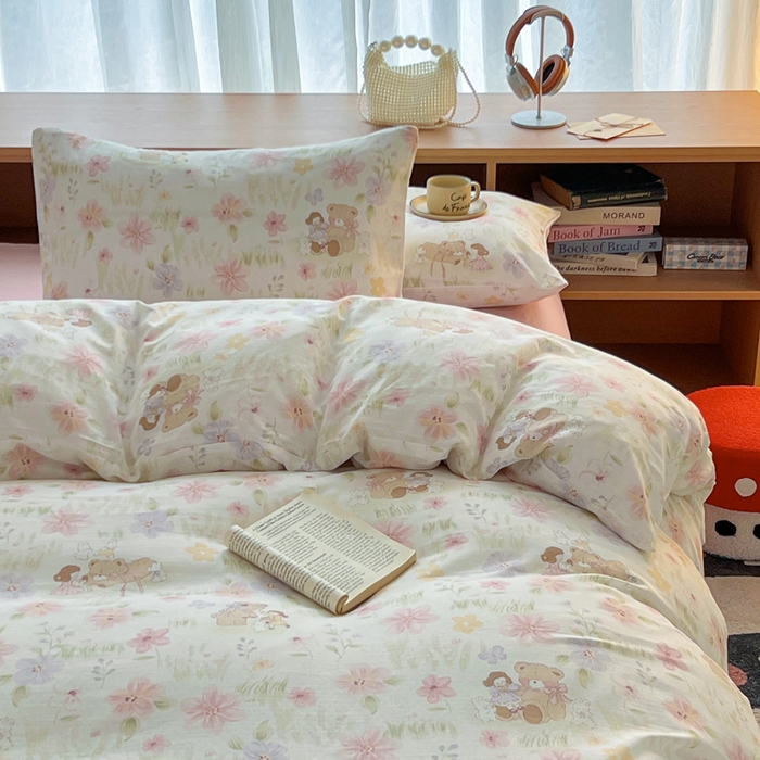 91家纺网 家纺一手货源 找家纺 仟网汇 2026新款有氧全棉双层纱四件套 维尼熊