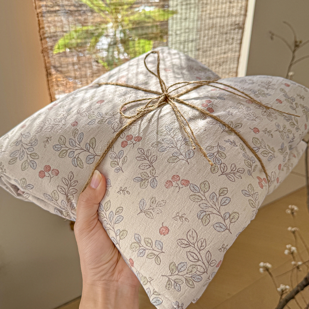 竹合家纺 2026春夏新品色织棉麻棉纱系列皱皱纱四件套 梅果