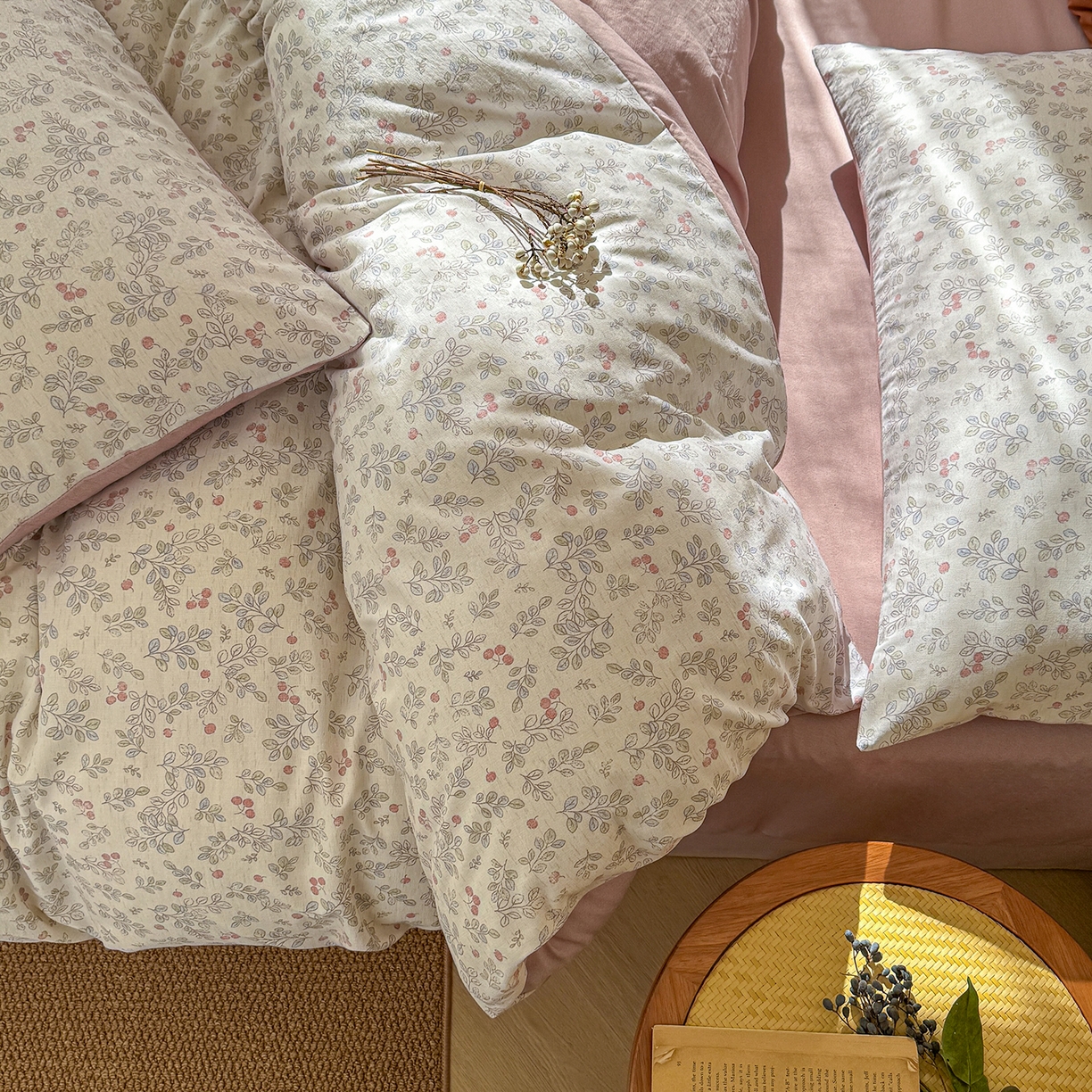 91家纺网 家纺一手货源 找家纺 竹合家纺 2026春夏新品色织棉麻棉纱系列皱皱纱四件套 梅果