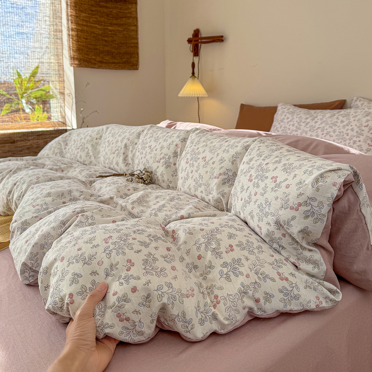 91家纺网 家纺一手货源 找家纺 竹合家纺 2026春夏新品色织棉麻棉纱系列皱皱纱四件套 梅果