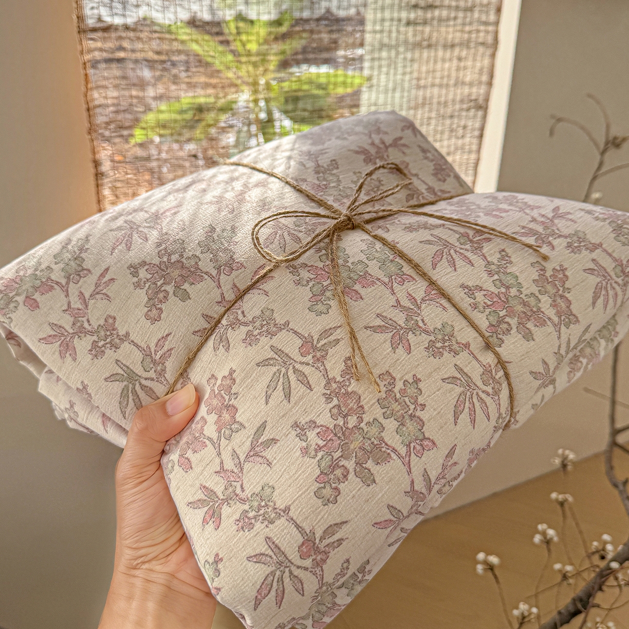 竹合家纺 2026春夏新品色织棉麻棉纱系列皱皱纱四件套 扶摇花