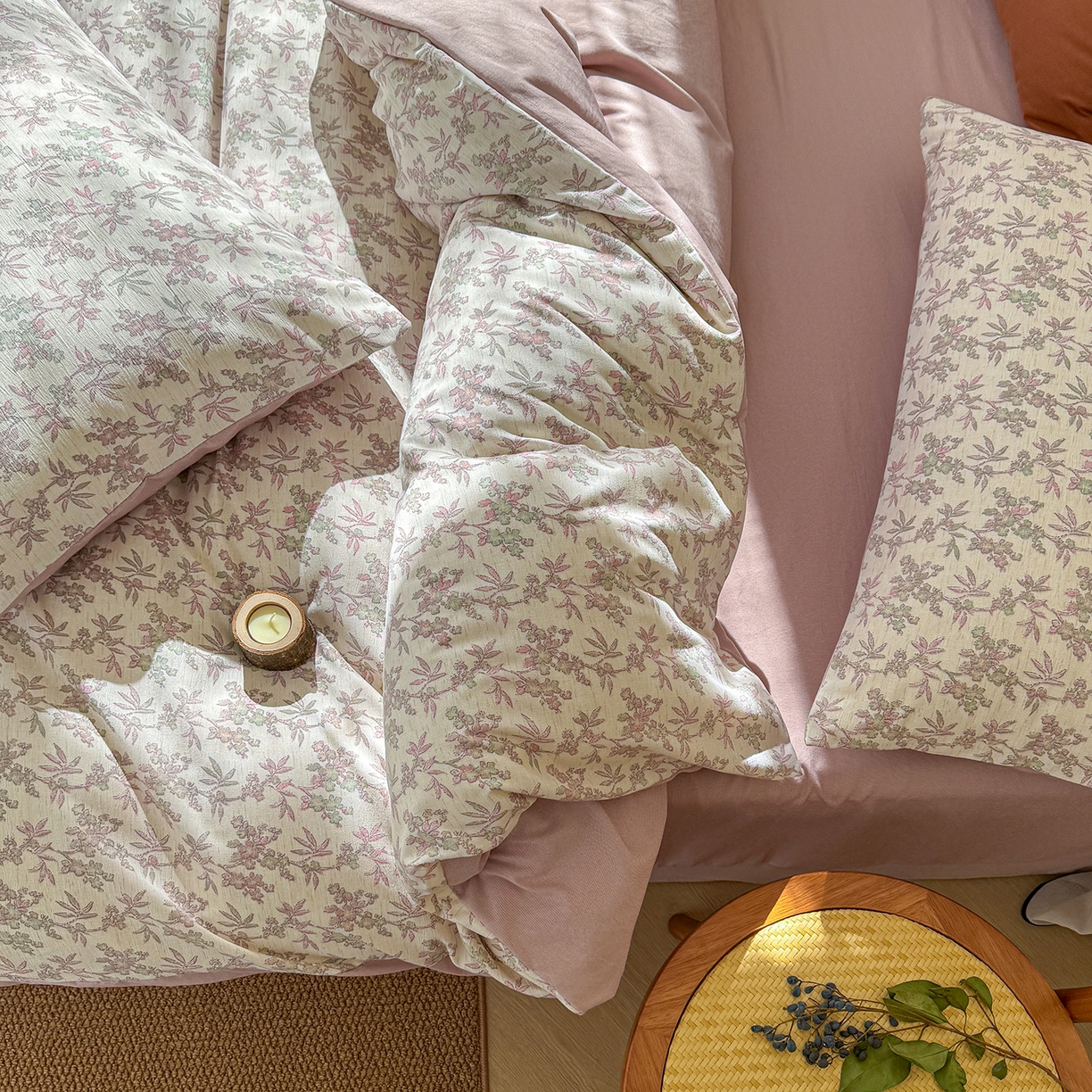 91家纺网 家纺一手货源 找家纺 竹合家纺 2026春夏新品色织棉麻棉纱系列皱皱纱四件套 扶摇花