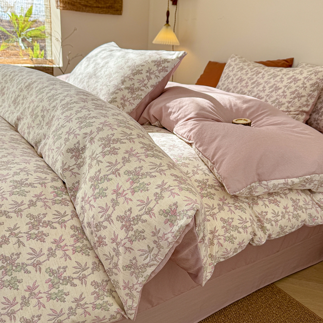 91家纺网 家纺一手货源 找家纺 竹合家纺 2026春夏新品色织棉麻棉纱系列皱皱纱四件套 扶摇花