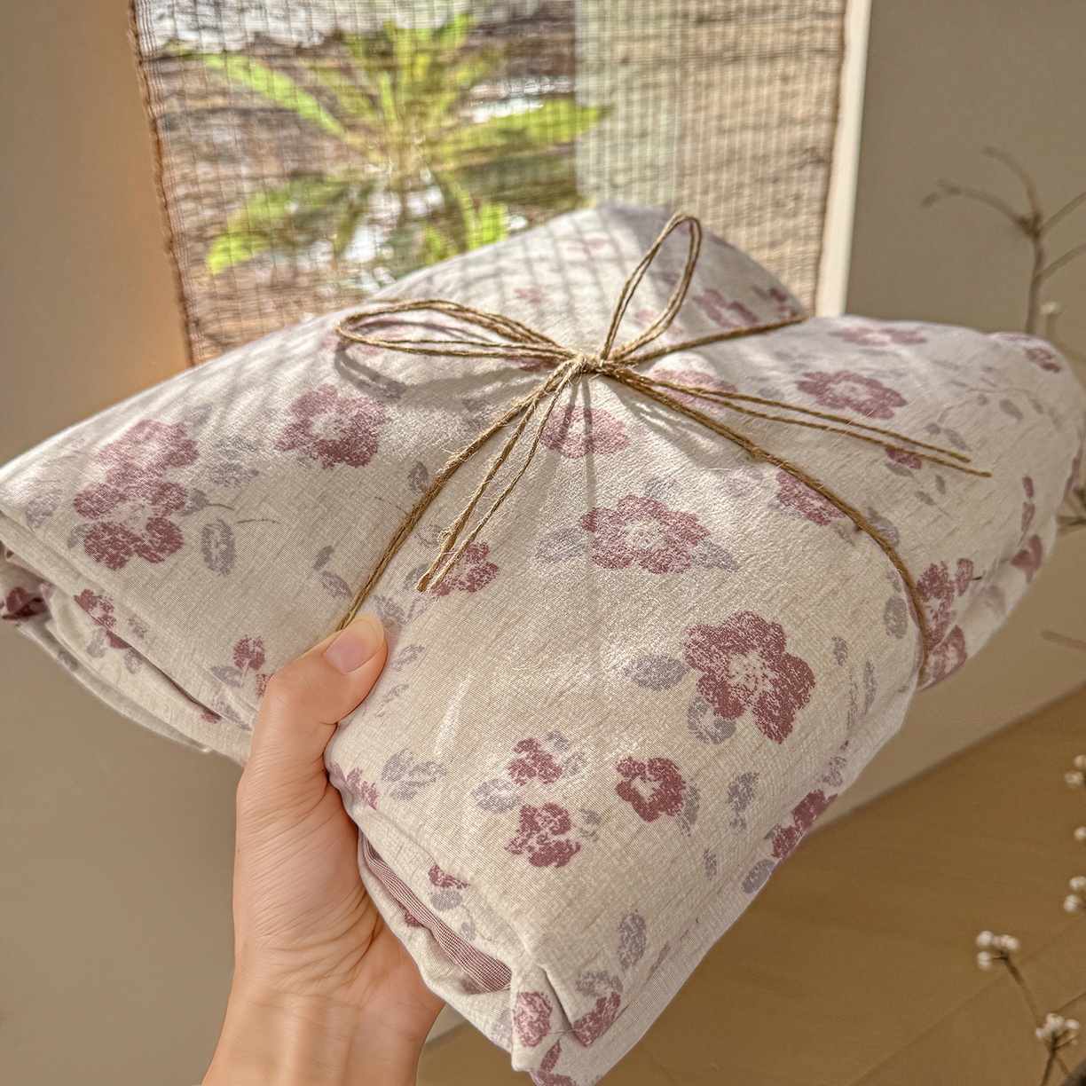 竹合家纺 2026春夏新品色织棉麻棉纱系列皱皱纱四件套 花香满园