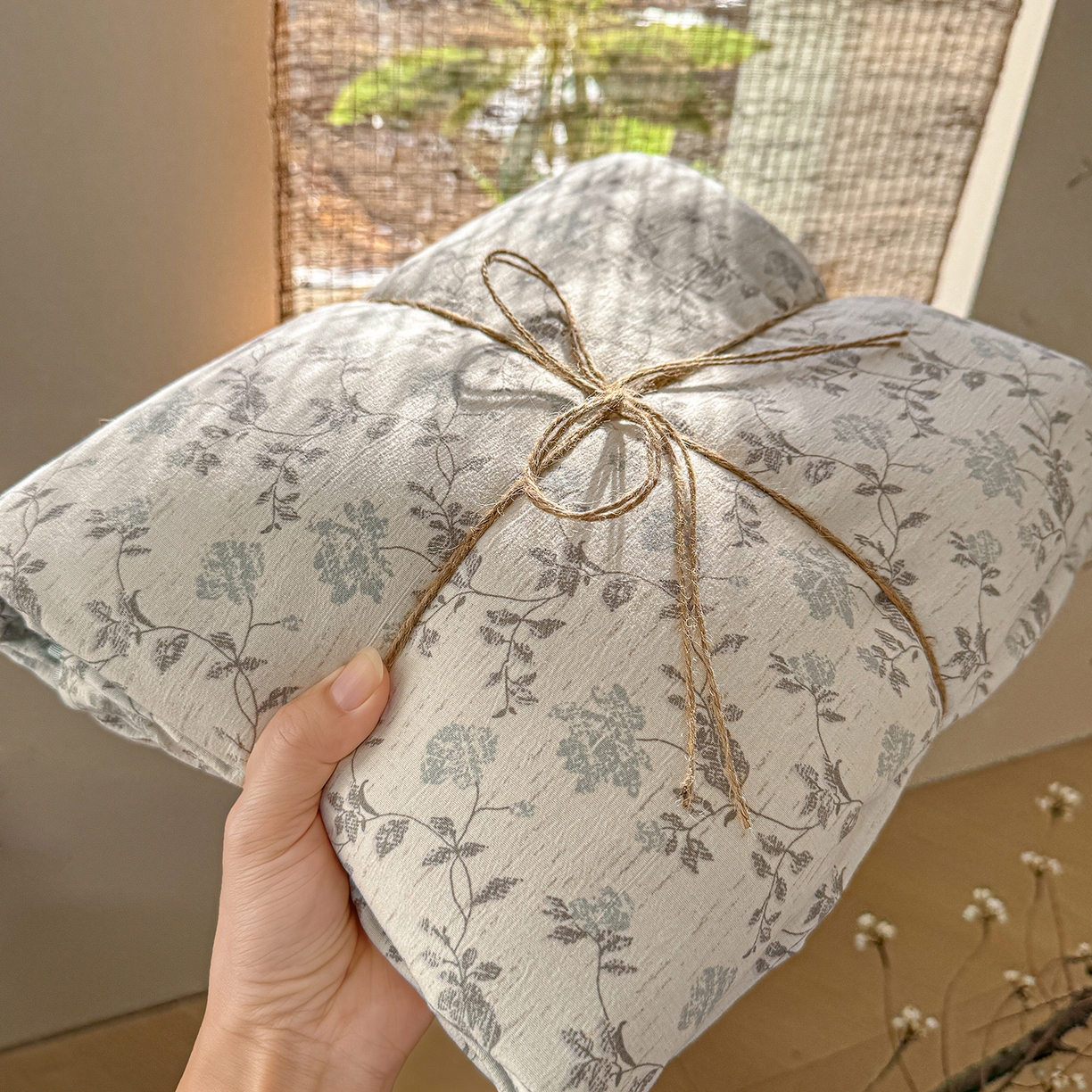 竹合家纺 2026春夏新品色织棉麻棉纱系列皱皱纱四件套 洛可花影